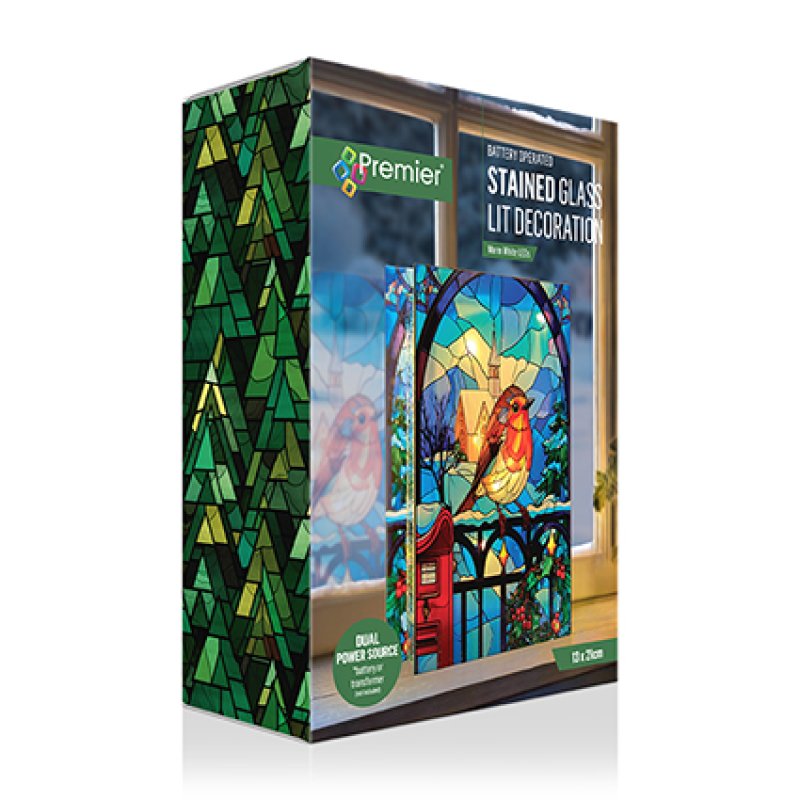 Premier Stained Glass Lit Decoration kit in a rectangular box, featuring a stained glass bird design with a red birdcage and green forest pattern on the side.