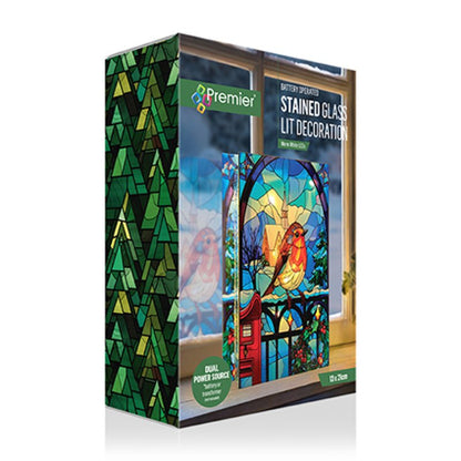 Premier Stained Glass Lit Decoration kit in a rectangular box, featuring a stained glass bird design with a red birdcage and green forest pattern on the side.