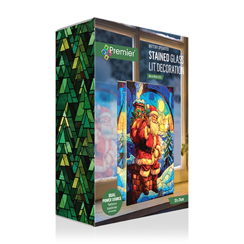 Premier Stained Glass Lit Decoration kit  box, featuring a green patterned side panel and an illustration of Santa Claus in a stained glass window design.