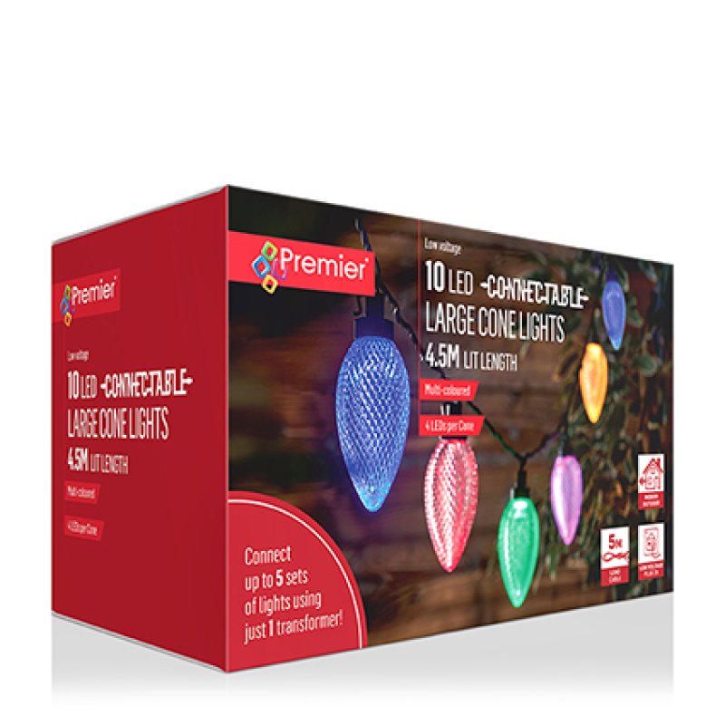 Premier 10 LED connectable large cone string lights in a red retail box, showing colorful bulb illustrations on a dark wood background.