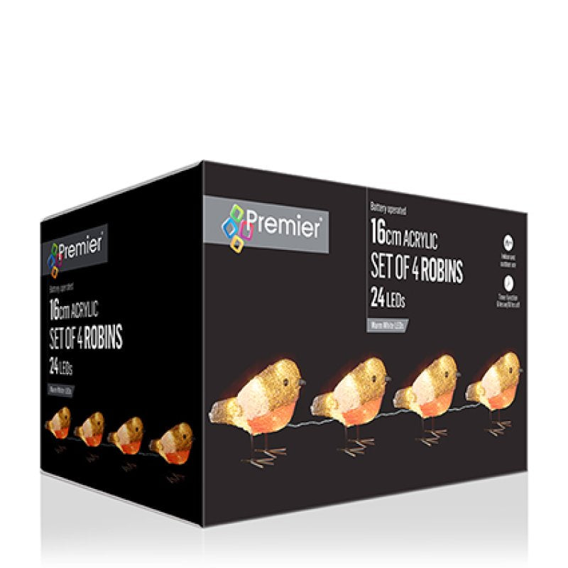 A black retail box for a Premier brand 16-piece acrylic set of robins with 24 LEDs, featuring printed illustrations of golden robins on a clean white background.