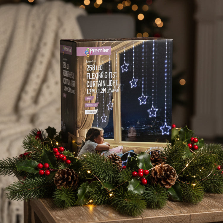 Premier 258 LED Flexibright Curtain Light in a star shape, shown in its retail packaging box. The box features a lifestyle image of a child looking out a window at glowing star curtains, with product specifications and feature icons printed on the front.