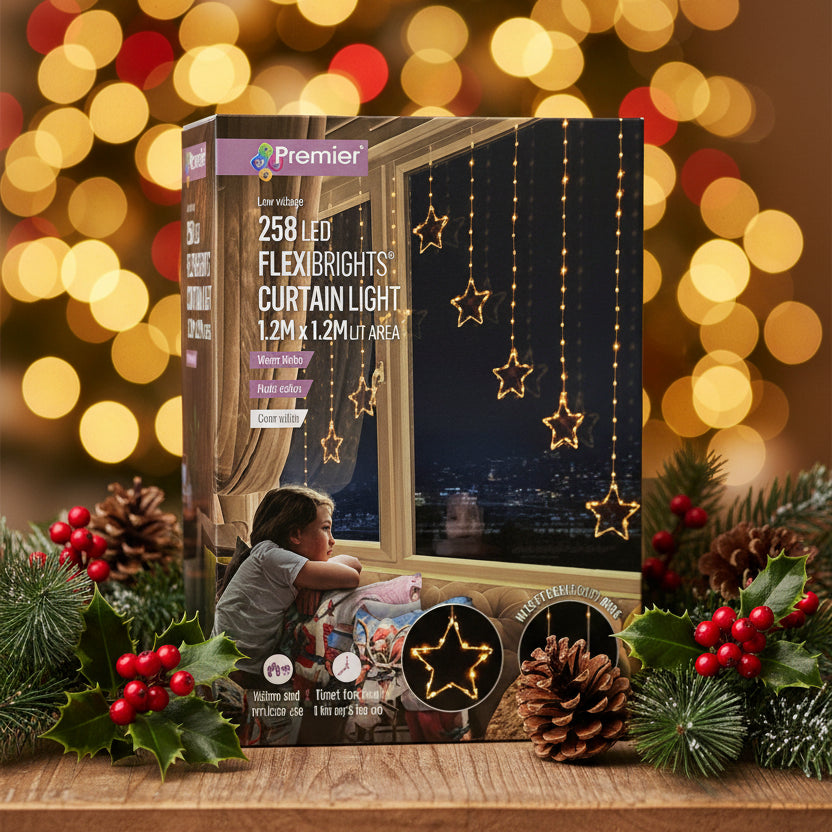 Premier 258 LED curtain light in a star shape, shown in its retail packaging box. The box features an image of a child looking out a window at night while the star lights glow, and includes product specifications and feature icons.