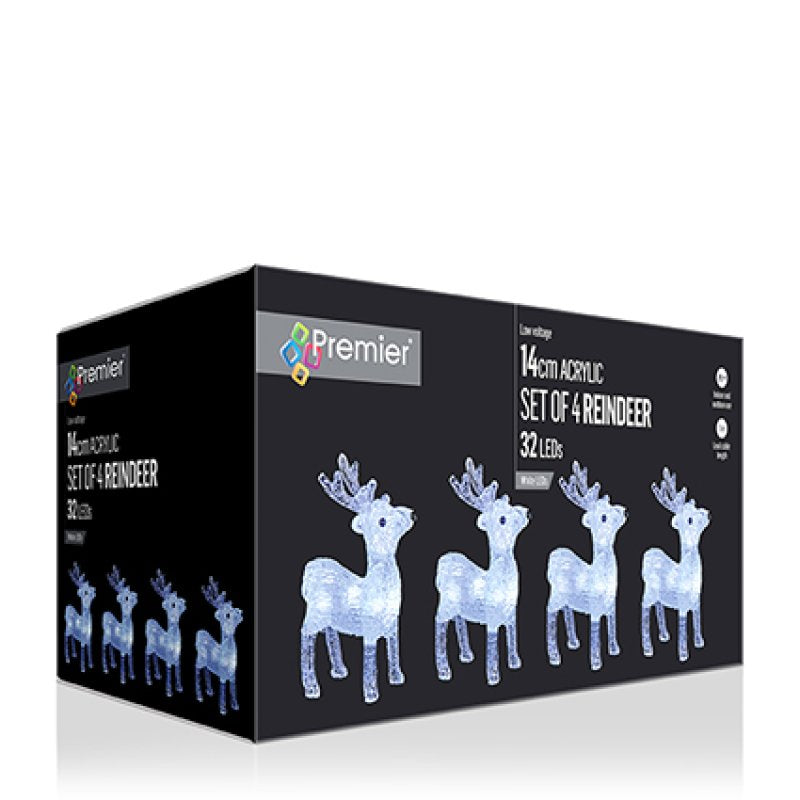 Premier 14 acrylic set of 4 reindeer 32 LED lights in a black retail box, shown on a white background with a soft reflection.