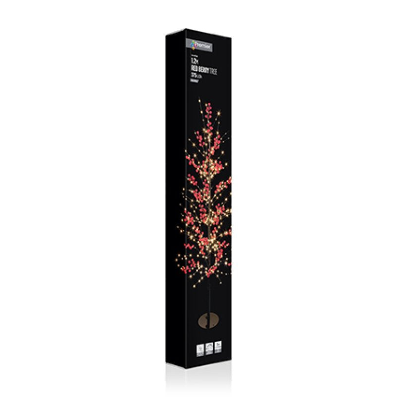 A tall black product box featuring a decorative tree illustration with red and gold lights, photographed on a clean white background.