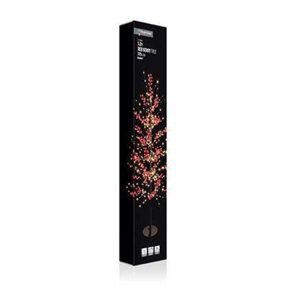 A tall black product box featuring a decorative tree illustration with red and gold lights, photographed on a clean white background.