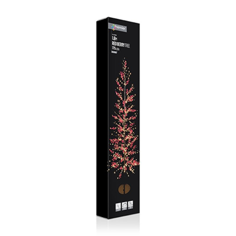 A tall, narrow black product box for a LED  tree, featuring a graphic of a glowing red and gold tree with small white text near the top, shown on a white background with a soft reflection.