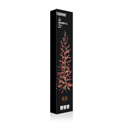 A tall, narrow black product box for a LED  tree, featuring a graphic of a glowing red and gold tree with small white text near the top, shown on a white background with a soft reflection.