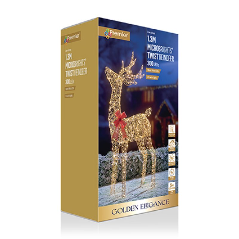 Premier Golden Elegance 1.3M Microbrights Twist Reindeer lighted deer product box, featuring a gold and blue packaging design with an illustration of a golden deer wearing a red bow.