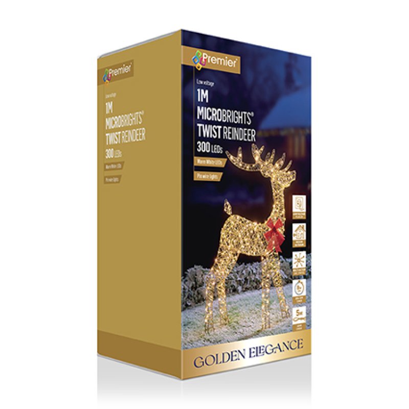 Premier 1M MicroBrights Twist Reindeer 300 LED light box packaging, featuring a golden-tan side panel and a dark blue front panel with a glowing golden reindeer illustration.