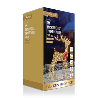 Premier 1M MicroBrights Twist Reindeer 300 LED light box packaging, featuring a golden-tan side panel and a dark blue front panel with a glowing golden reindeer illustration.