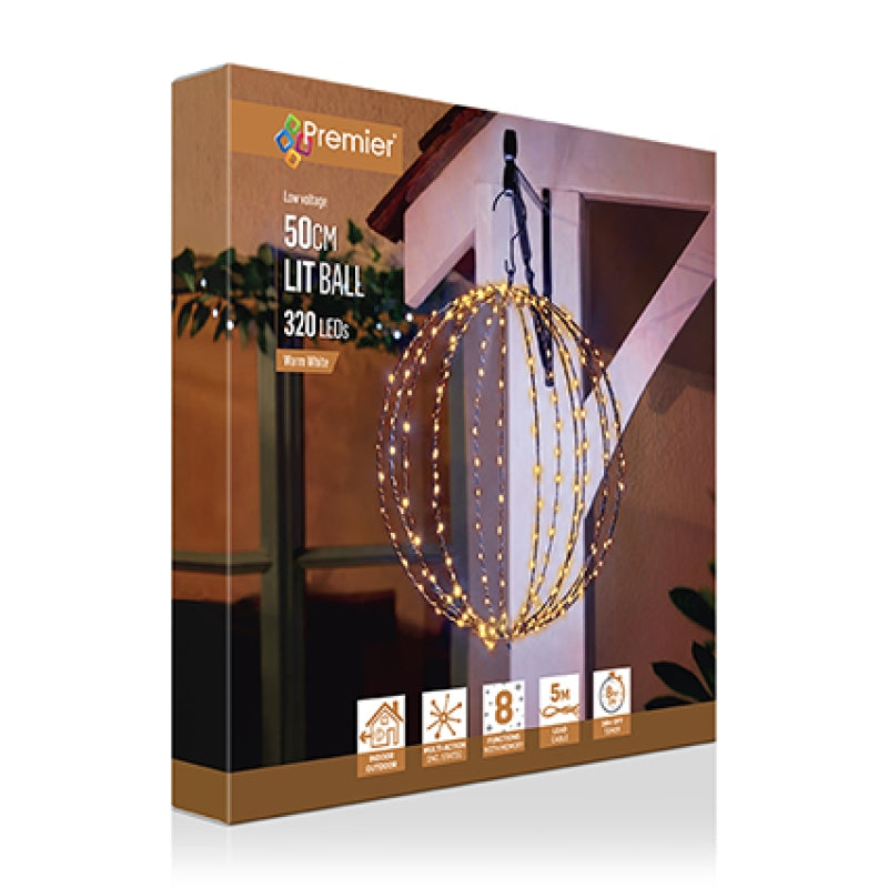 Premier 50cm LED light ball in a spherical frame, shown in its retail packaging box against a white background.