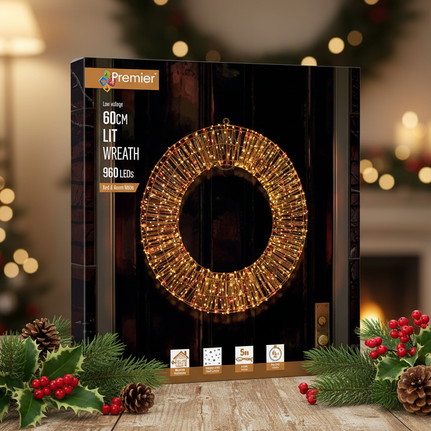 Premier 60cm lit wreath box packaging shown on a rustic wooden table with holiday greenery, pinecones, and warm bokeh lights in the background.
