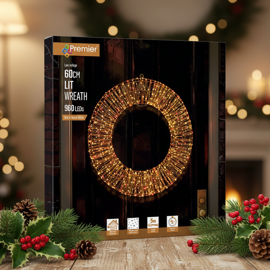 Premier 60cm lit wreath box packaging shown on a rustic wooden table with holiday greenery, pinecones, and warm bokeh lights in the background.