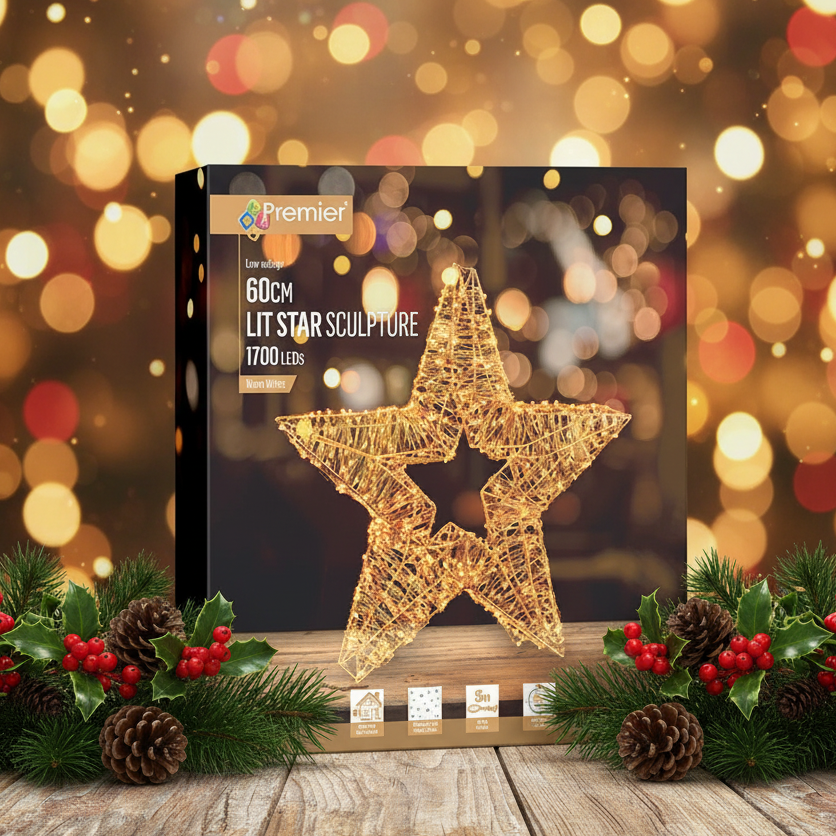 Premier 60cm lit star sculpture in its retail box, displayed on a wooden surface with festive pine branches, pinecones, and holly berries against a warm golden bokeh background.