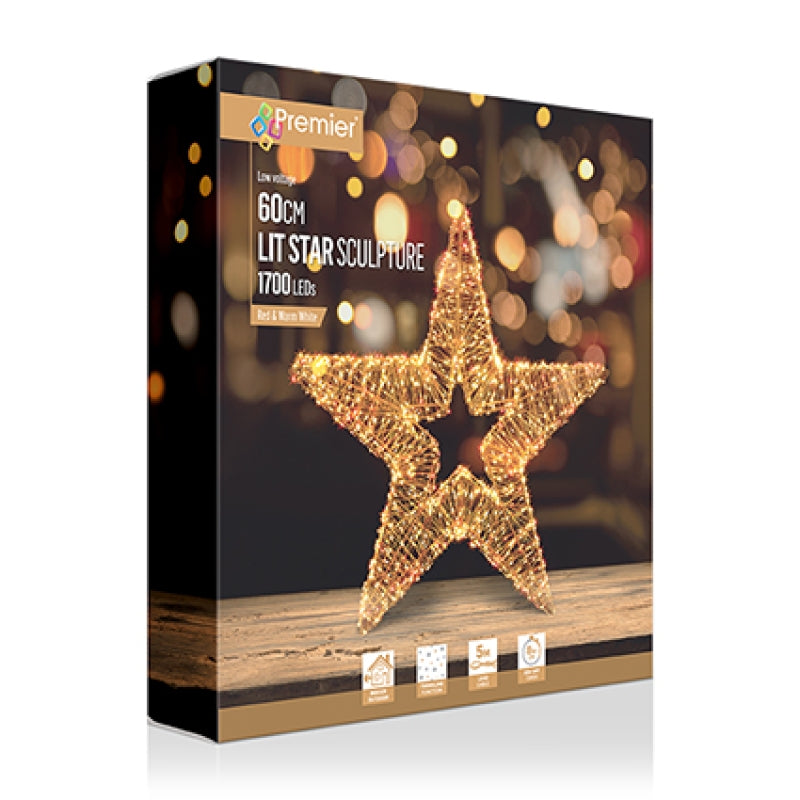 Premier 60cm lit star sculpture box with 1700 LEDs, featuring a golden star graphic on a dark background with warm lights.