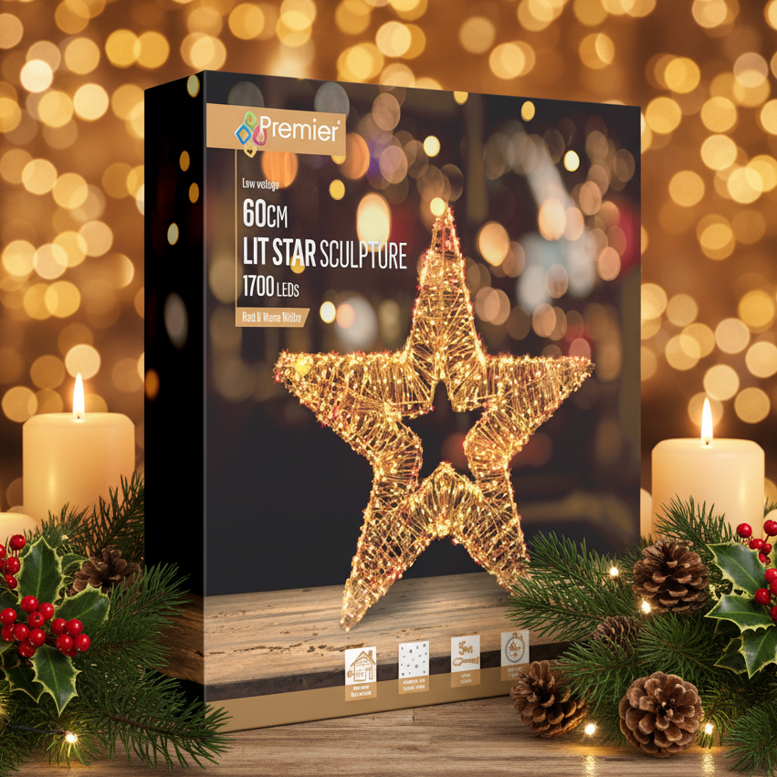 Premier 60cm lit star sculpture box shown in a festive holiday setting with candles, pinecones, holly, and warm golden bokeh lights in the background.
