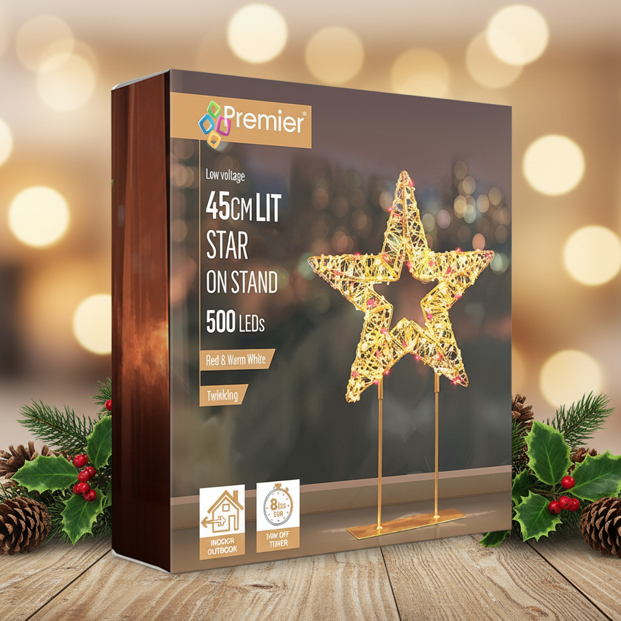 Premier 45cm star-shaped LED tabletop light on a wooden surface with holiday greenery and a warm bokeh background. The retail box is shown prominently, with the product pictured on the front as a glowing gold star.