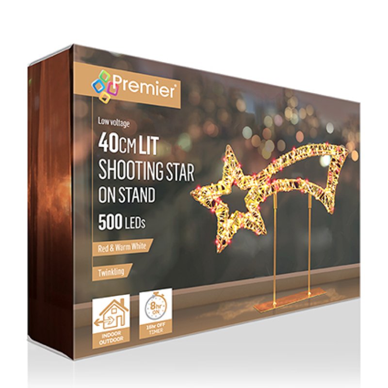 Premier 40cm shooting star LED light display kit in its retail packaging, featuring a 500 LED star on a stand.
