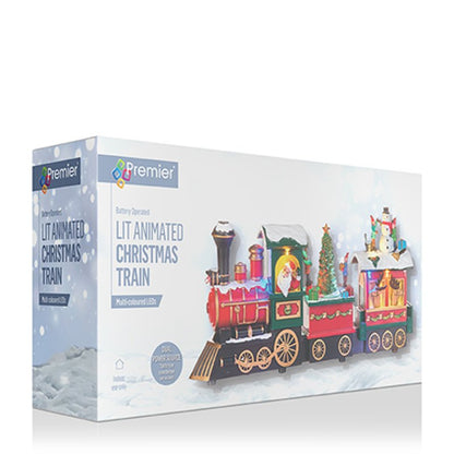 Box packaging for the Premier Lit Animated Christmas Train, featuring a colorful illustration of the lit train on a snowy white background.
