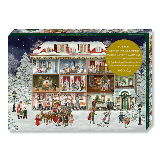 Boxed jigsaw puzzle featuring a festive Christmas village scene with snow-covered trees, a large multi-story holiday house, people in the snow, and a gold circular label reading 'Puzzle: Adventskaländer' and '1000 støk'.