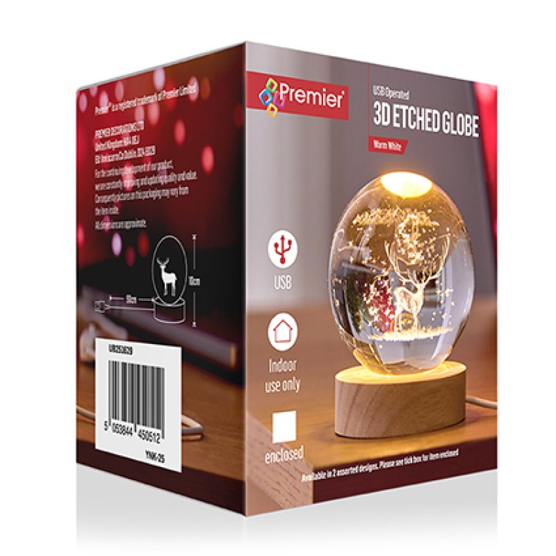 Box packaging for a Premier 3D Etched Globe LED night light, showing the front and side panels with product features, dimensions, and a photo of the illuminated globe on a wooden base.