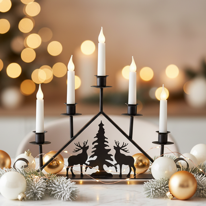 Black Metal Taper Candle Bridge with Reindeer Scene