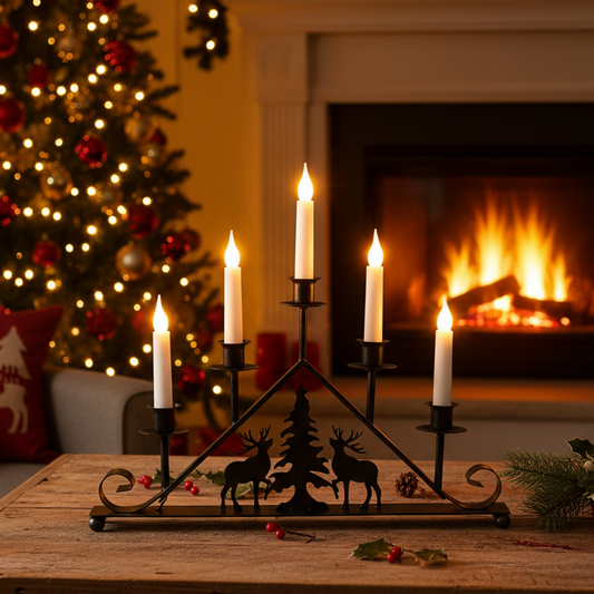 Black Metal Taper Candle Bridge with Reindeer Scene
