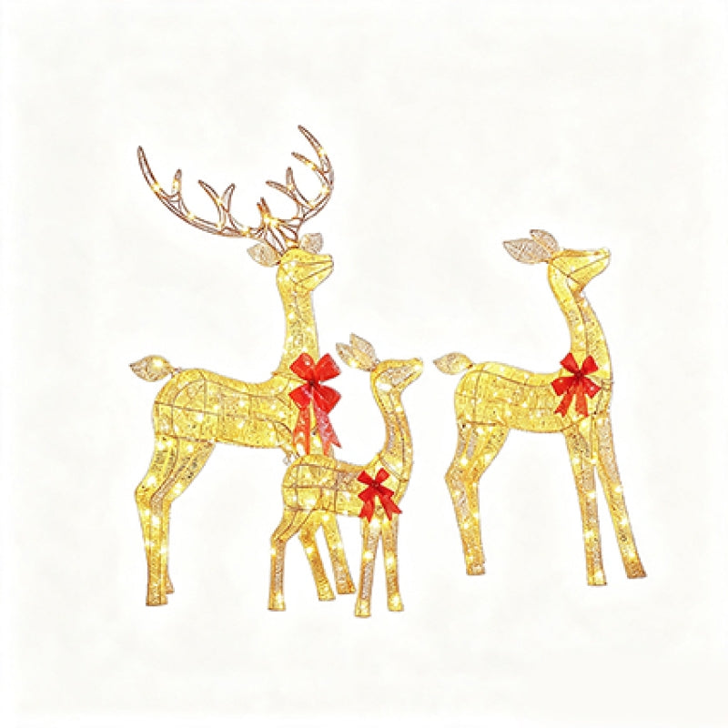Three gold wire-frame deer holiday lights with red bows, including one stag with antlers and two fawns, on a plain white background.