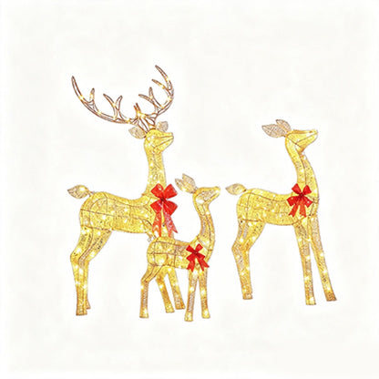 Three gold wire-frame deer holiday lights with red bows, including one stag with antlers and two fawns, on a plain white background.
