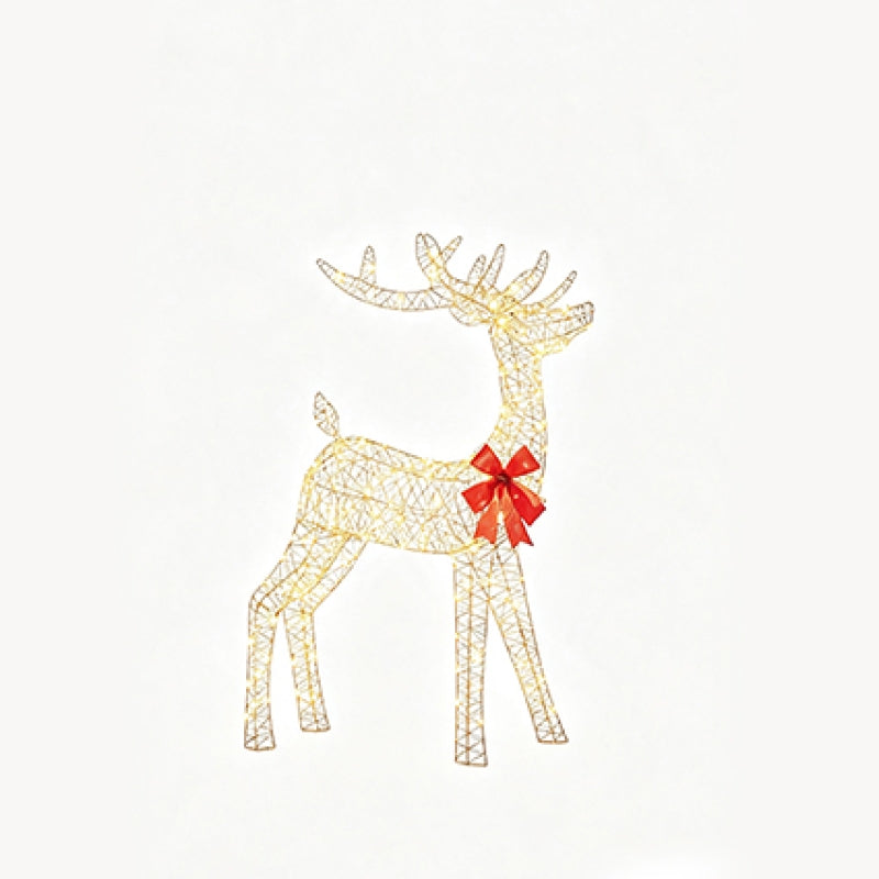 A wire-frame reindeer decoration with a red bow around its neck, shown on a plain white background.