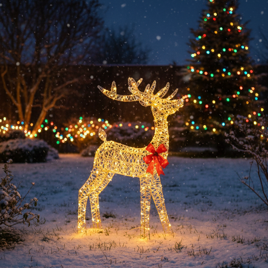A glowing deer made of warm white wire mesh stands in snow at night, with a red bow around its neck and blurred holiday lights and a Christmas tree in the background.