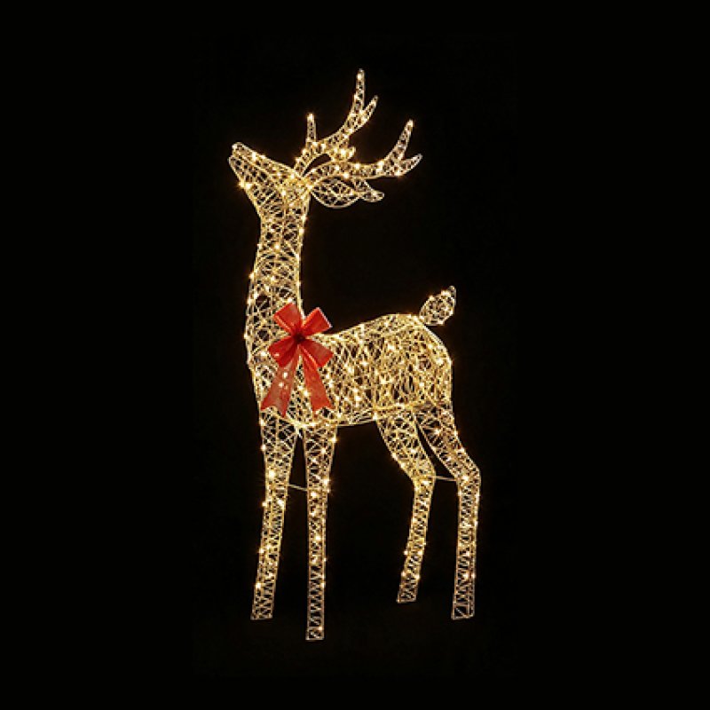 A wire-frame deer decoration illuminated with warm white lights, featuring a red bow around the neck, set against a solid black background.