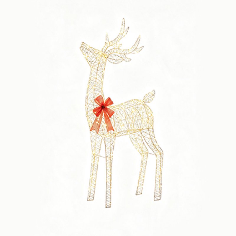 A wire-frame reindeer decoration with gold-toned lines and a red ribbon bow around the neck, shown on a plain white background.