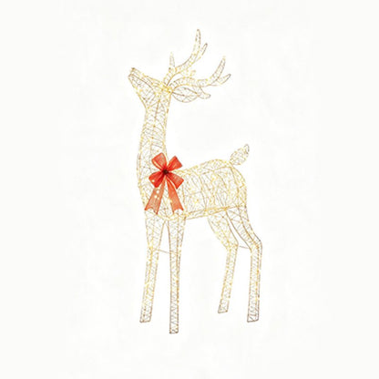 A wire-frame reindeer decoration with gold-toned lines and a red ribbon bow around the neck, shown on a plain white background.