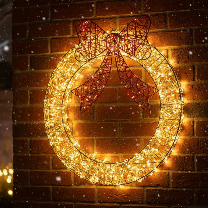 70cm Golden Elegance Twist LED Wreath with Red Bow