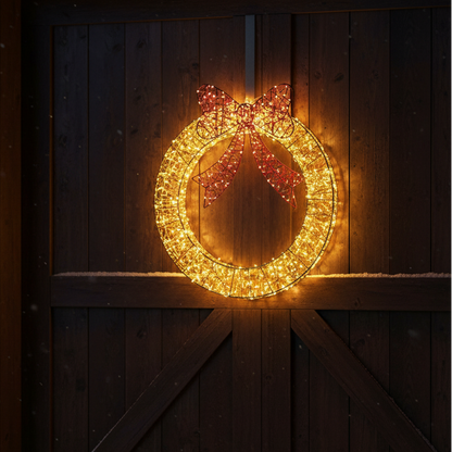 70cm Golden Elegance Twist LED Wreath with Red Bow