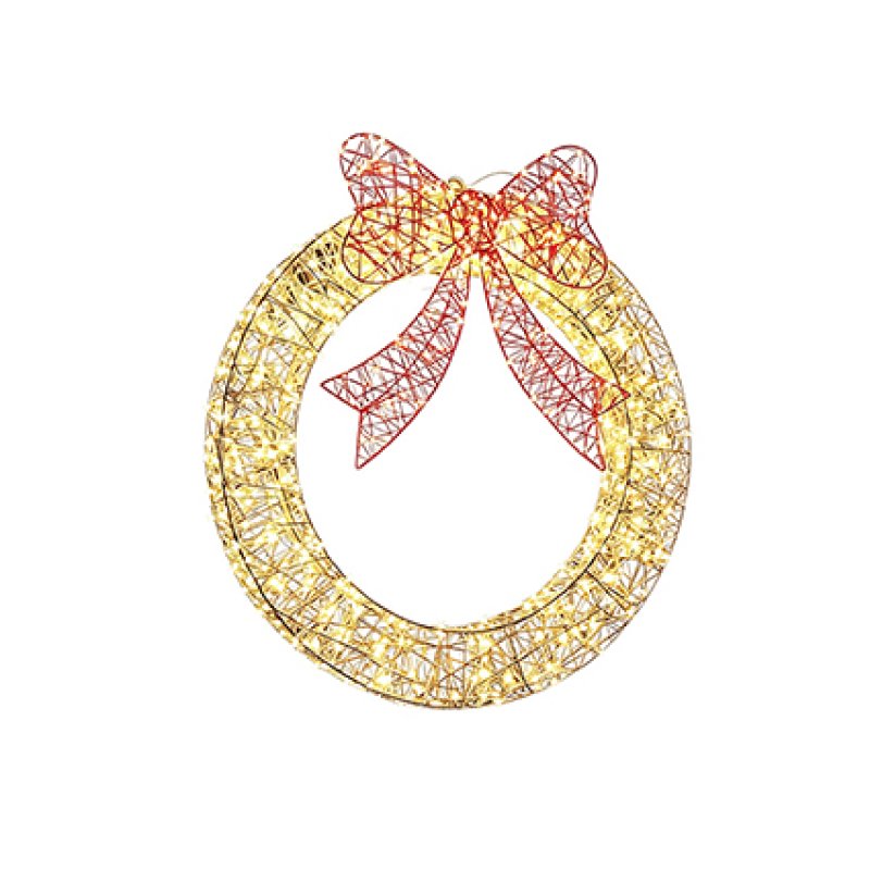 A circular wire wreath light fixture with warm white LED lights and a red bow on top, isolated on a white background.