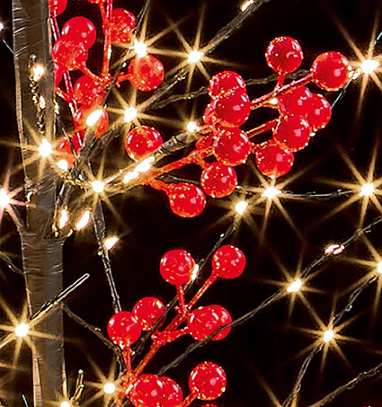 Red berry branch string lights with glowing warm white bulbs on a black background.