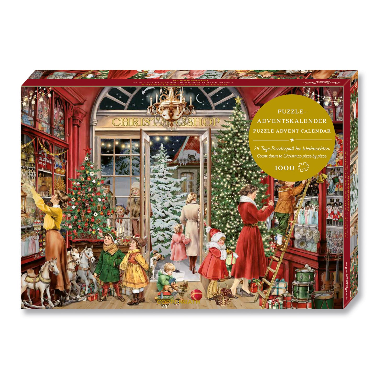 Advent calendar with Christmas-themed illustration of people and trees in a store.