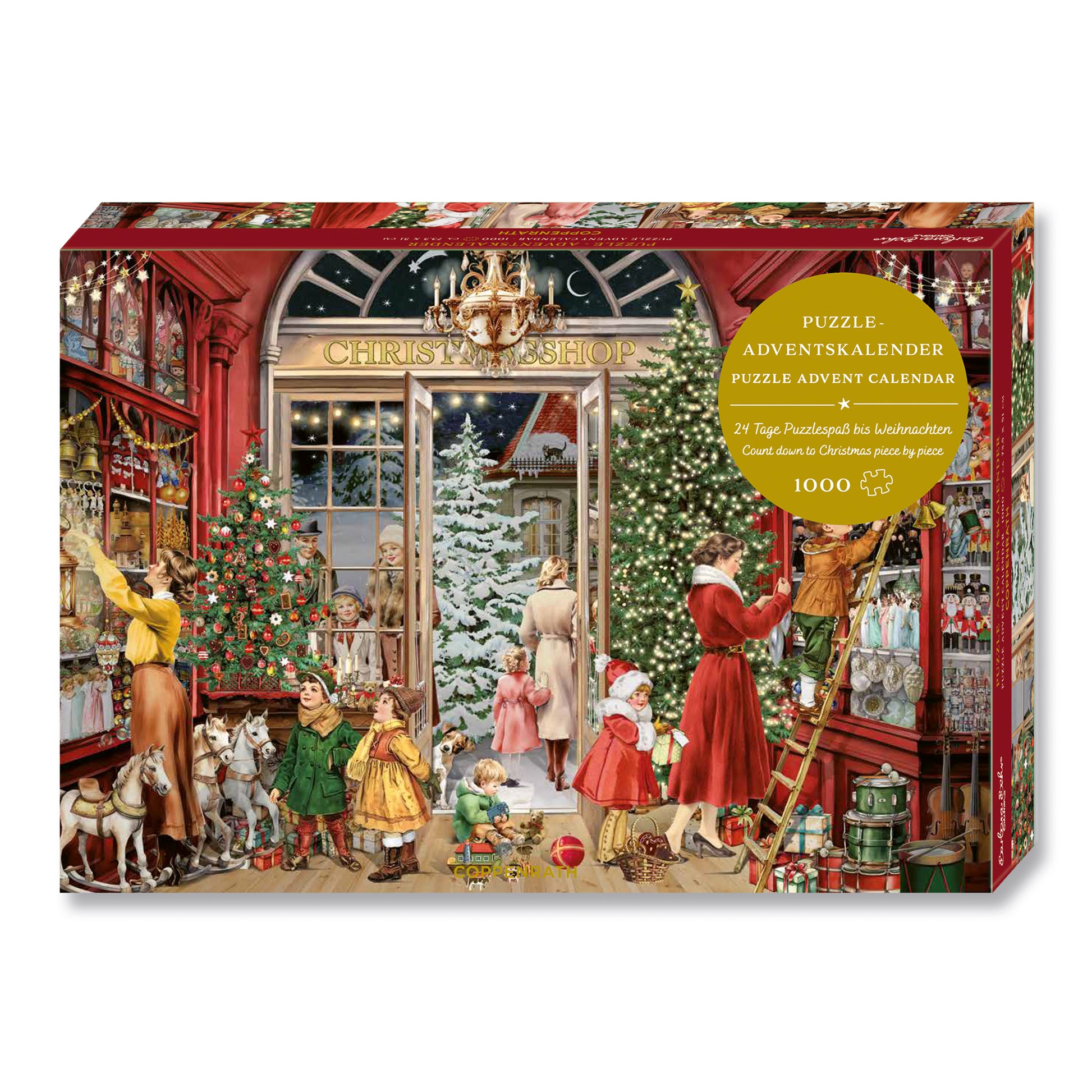 Advent calendar with Christmas-themed illustration of people and trees in a store.