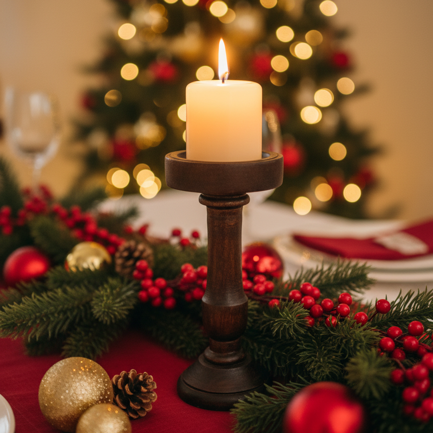 Decorative Christmas table setting with a lit candle, red berries, and gold ornaments.