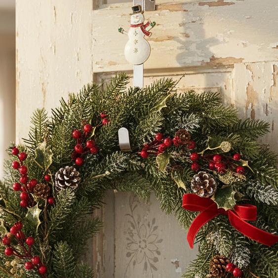 A silver wreath hanger with a snowman design, including a red scarf, intended for hanging a wreath on a door.