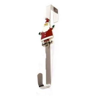 A silver-colored Christmas wreath hanger featuring a Santa Claus figure with a reindeer on a sleigh, intended for hanging holiday wreaths.