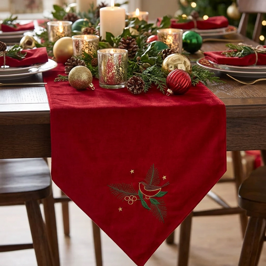A red velvet Christmas table runner with embroidered holly and pine branches, styled on a wooden dining table with candles, ornaments, and greenery.