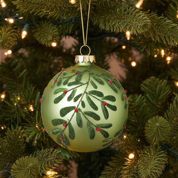 Matt Green Mistletoe Decorative Glass Christmas Bauble