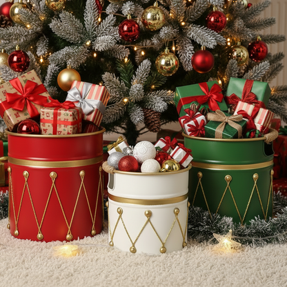 Set of 3 Christmas Drum Design Metal Containers