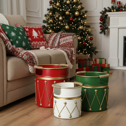 Set of 3 Christmas Drum Design Metal Containers