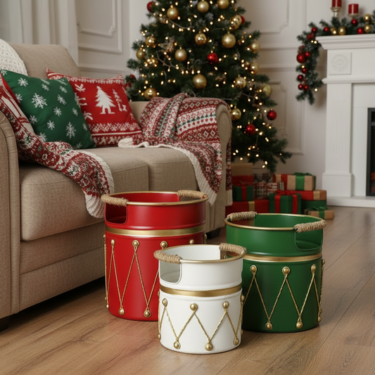 Set of 3 Christmas Drum Design Metal Containers
