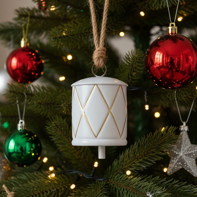 Decorative white bell with gold geometric patterns hanging on a Christmas tree with red and green ornaments.